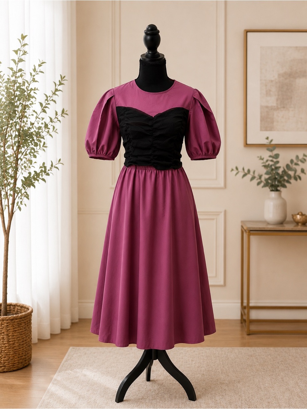 Black & Mauve Puff Sleeve Tie Back Midi Dress Small - Picture 3 of 4